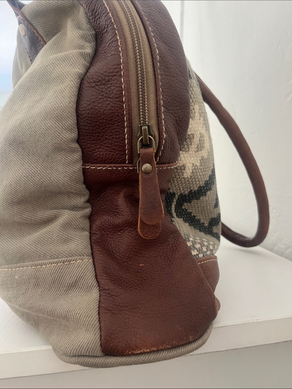 Myra Bag Brown Leather Messenger with Printed Lining and long handles - Picture 6 of 6